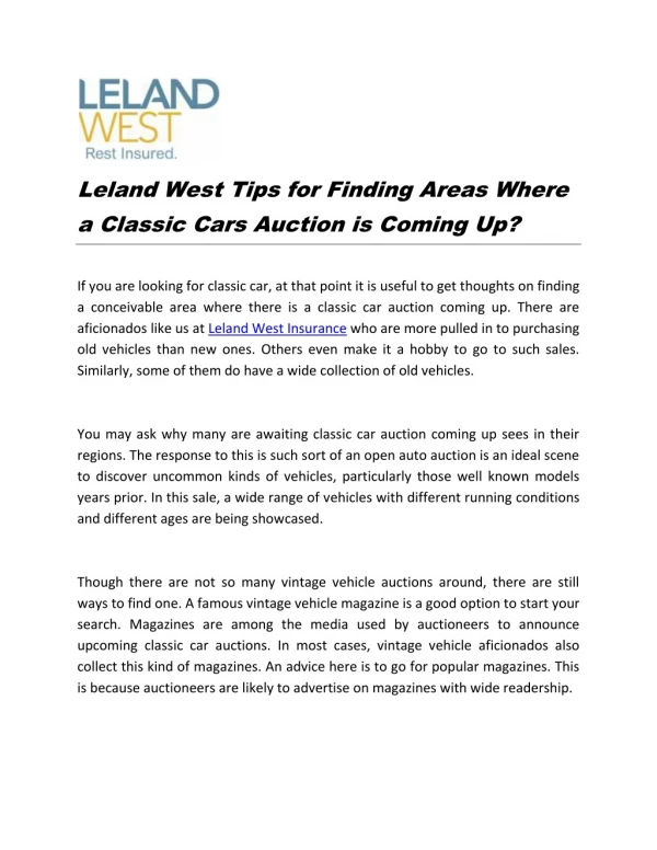 Leland West Tips for Finding Areas Where a Classic Cars Auction is Coming Up?