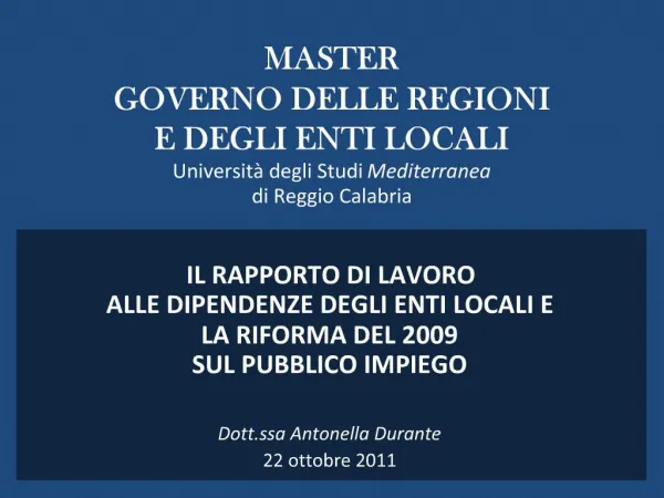 MASTER GOVERNO DELLE REGIONI E DEGLI ENTI LOCALI Universit degli Studi Mediterranea di Reggio Calabria