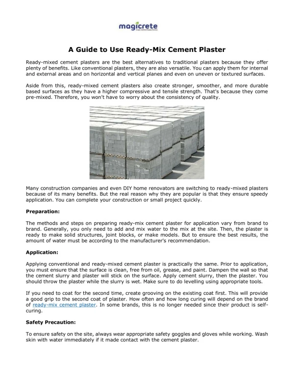 A Guide to Use Ready-Mix Cement Plaster