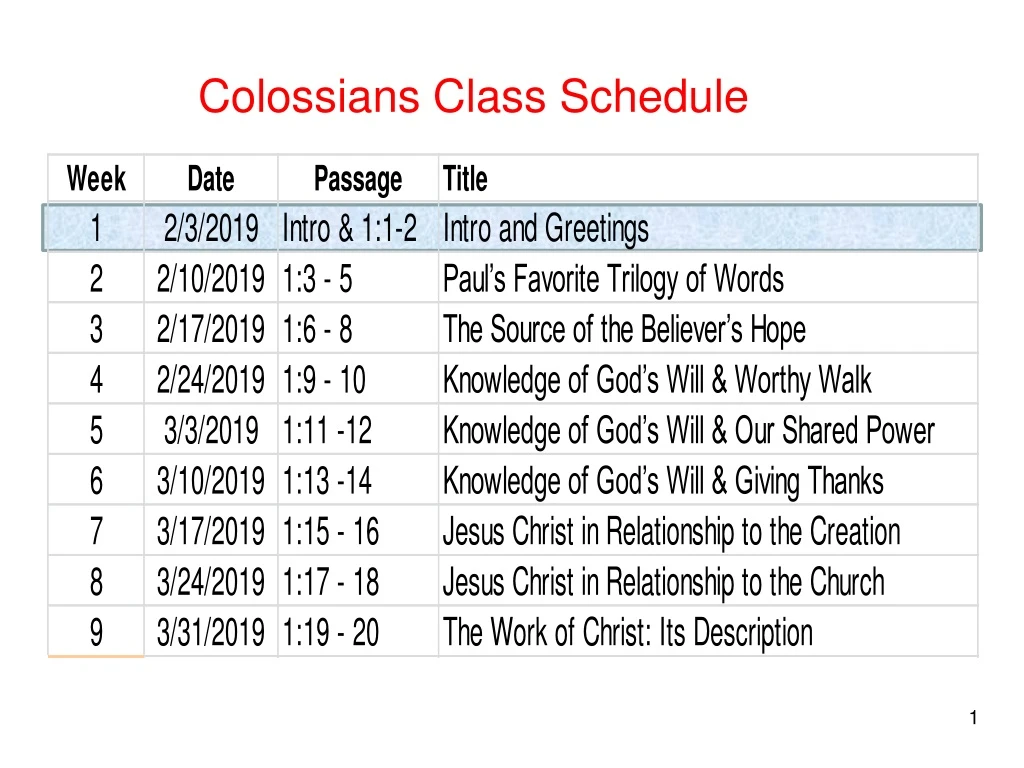 colossians class schedule