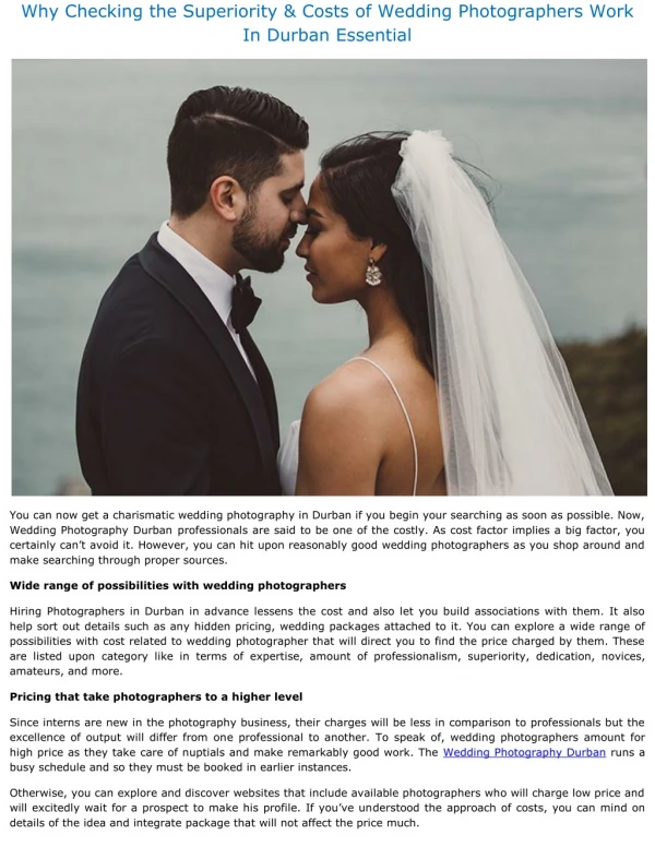 Why Checking the Superiority & Costs of Wedding Photographers Work In Durban Essential
