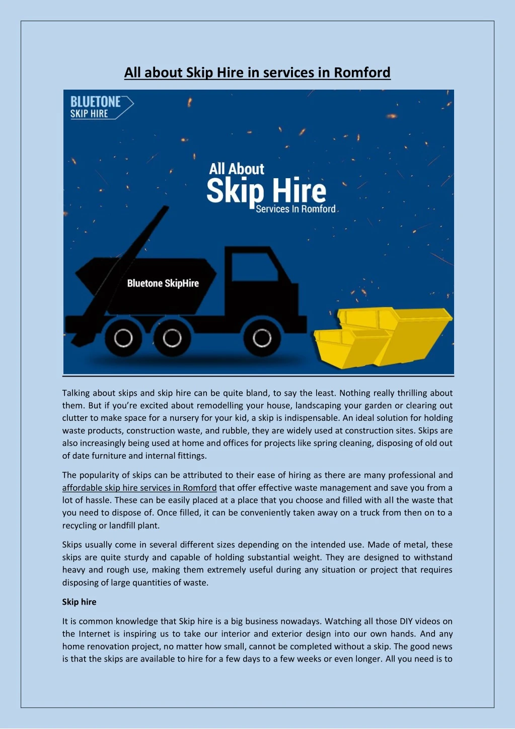 all about skip hire in services in romford