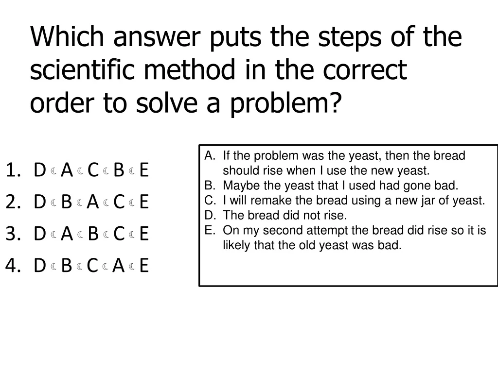 which answer puts the steps of the scientific method in the correct order to solve a problem