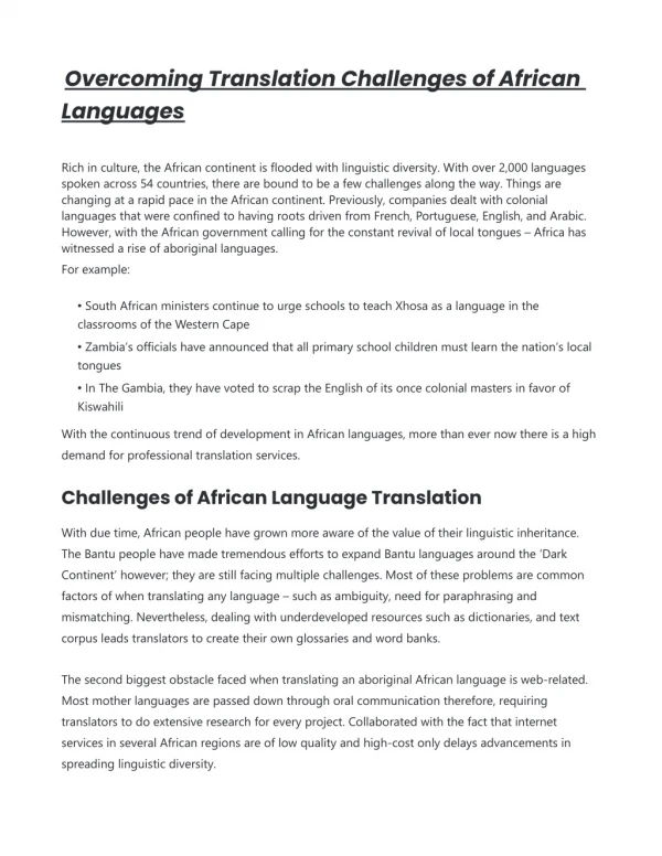 Overcoming Translation Challenges of African Languages