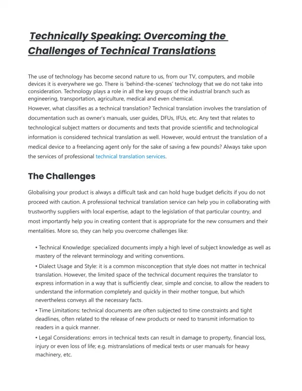 Technically Speaking: Overcoming the Challenges of Technical Translations