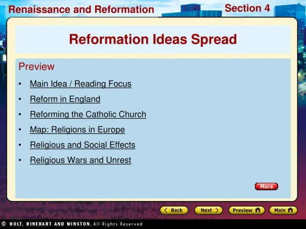 Preview Main Idea / Reading Focus Reform in England Reforming the Catholic Church