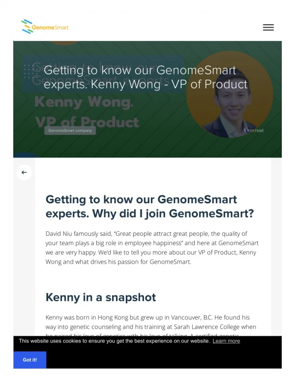 Getting to know our GenomeSmart experts. Kenny Wong - VP of Product