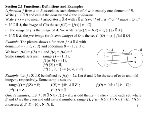 Section 2.1 Functions: Definitions and Examples