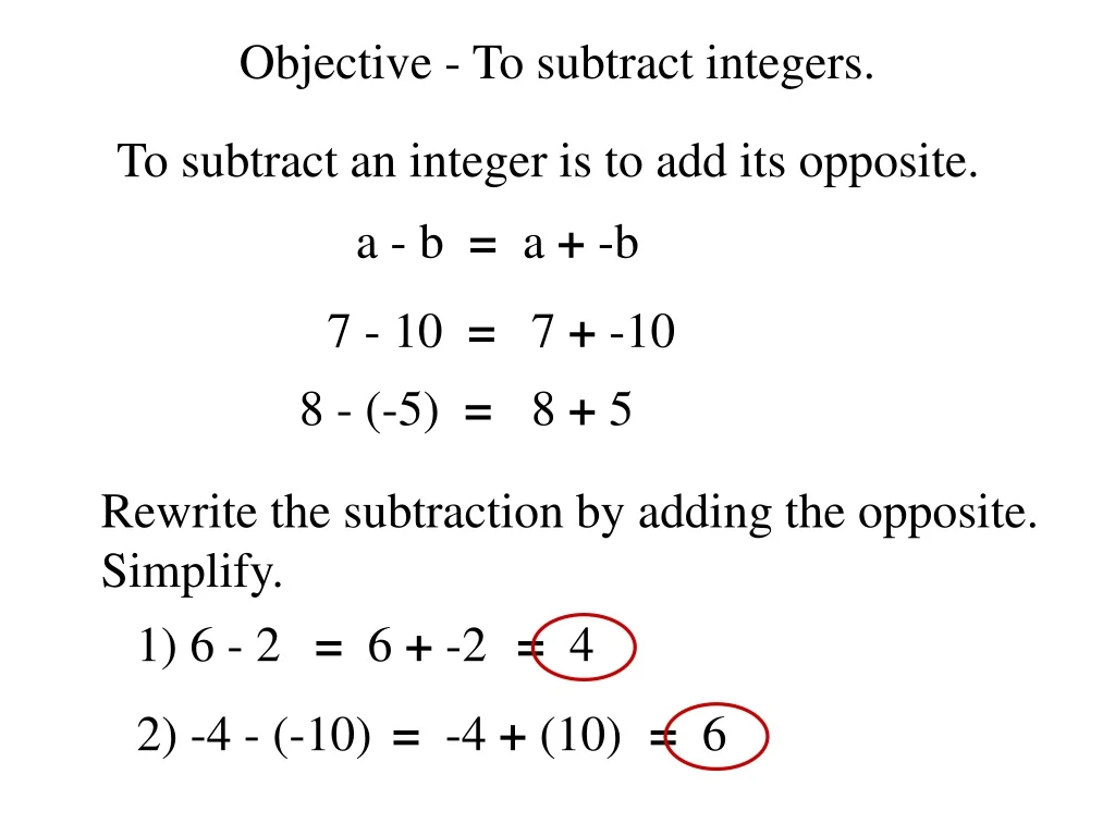 objective to subtract integers