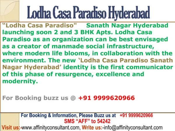 Lodha Casa Paradiso @09999620966 Sanath Nagar Hyderabad