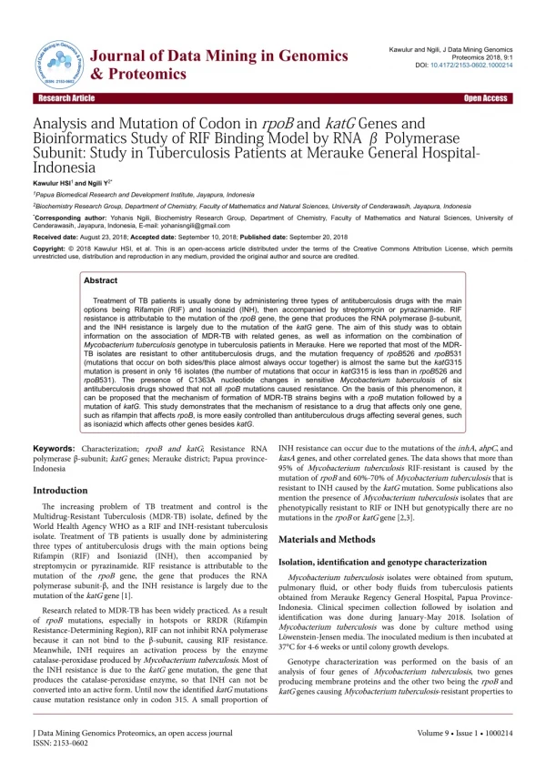 Analysis and Mutation of Codon in rpoB and katG Genes and Bioinformatics Study of RIF Binding Model by RNA ? Polymerase