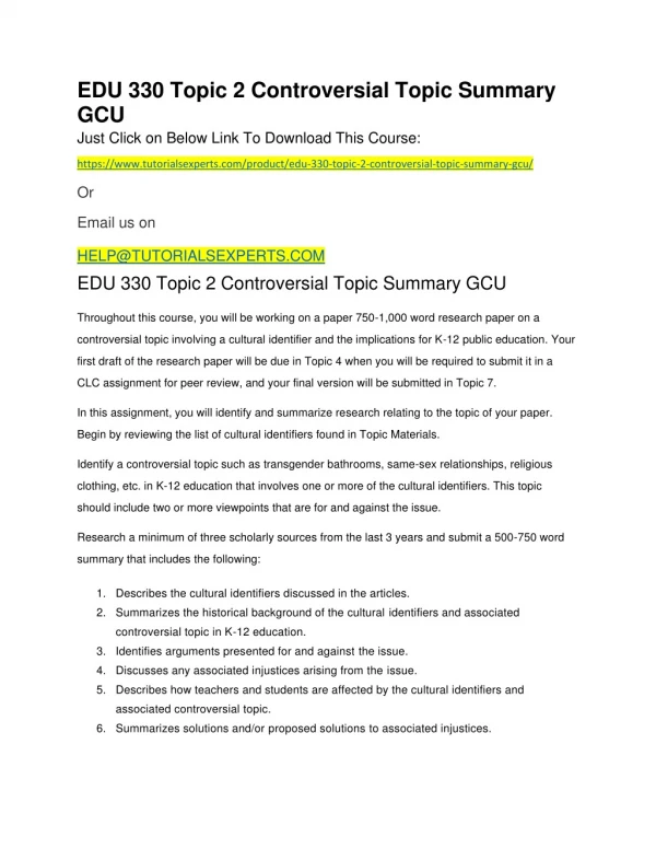 EDU 330 Topic 2 Controversial Topic Summary GCU