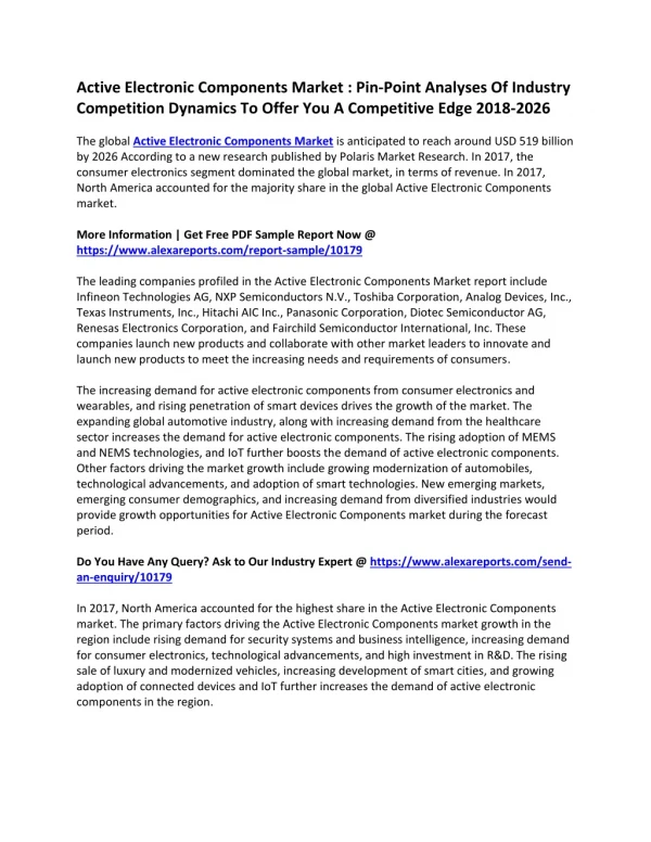 Active Electronic Components Market : Pin-Point Analyses Of Industry Competition Dynamics To Offer You A Competitive Edg