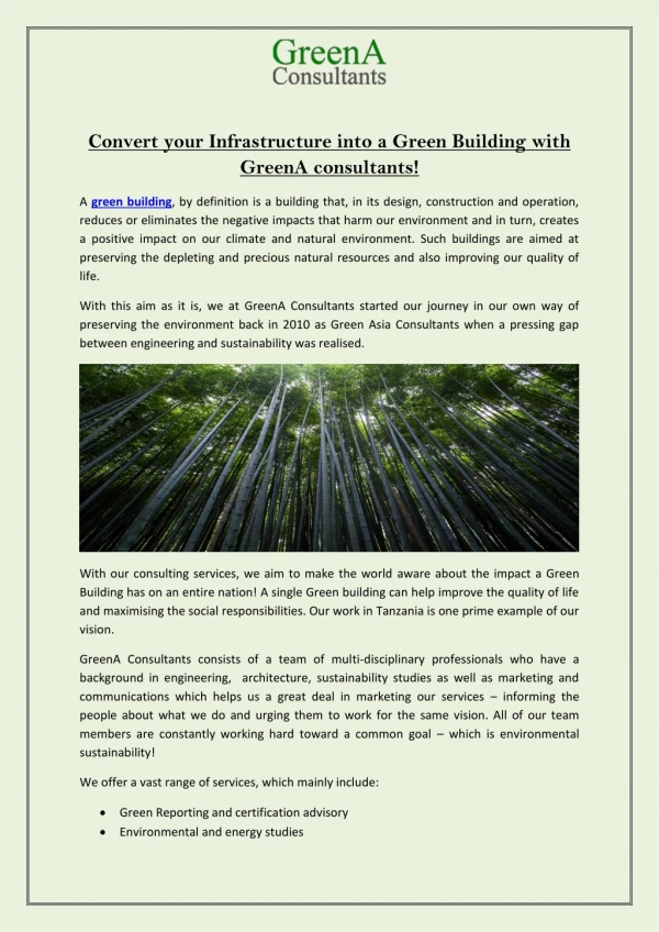Convert your Infrastructure into a Green Building with GreenA consultants!