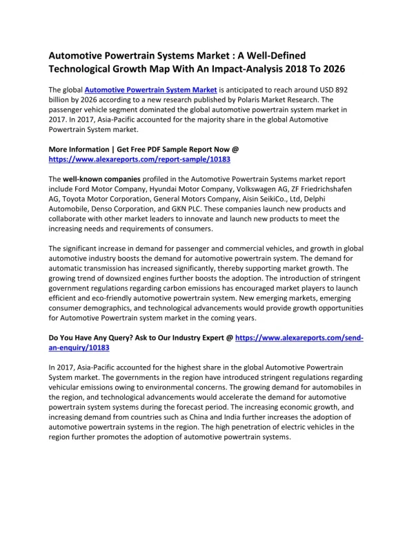 Automotive Powertrain Systems Market: Overview and Forecast Application | 2019-2026