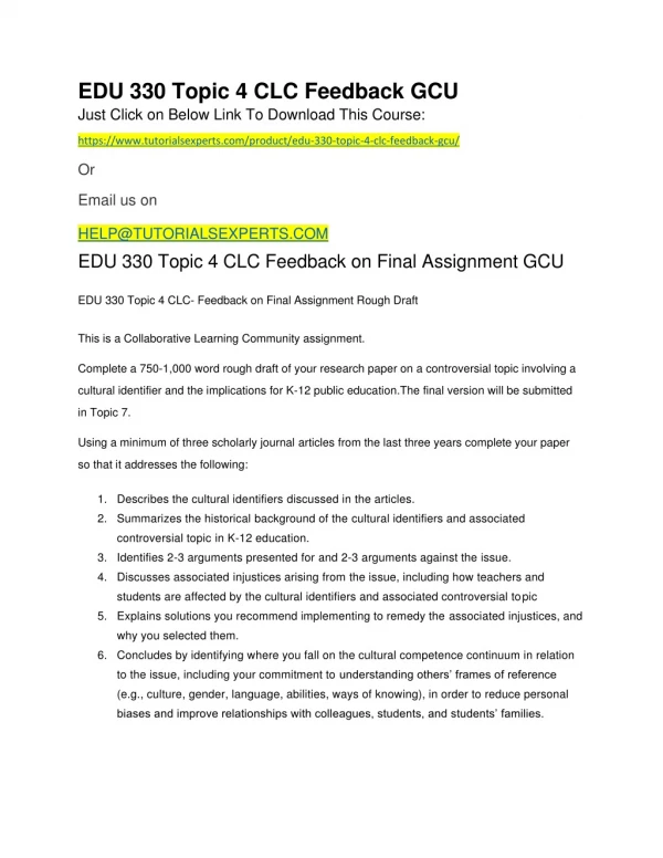 EDU 330 Topic 4 CLC Feedback GCU