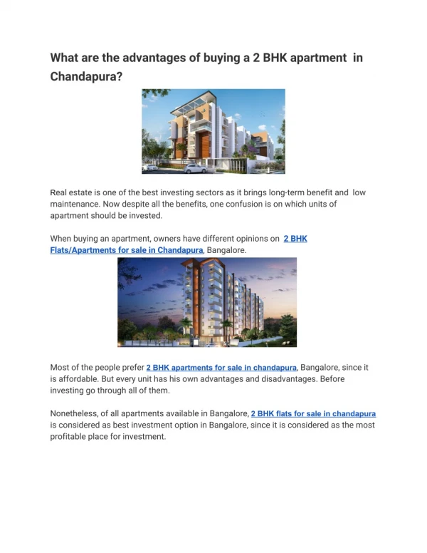 What are the advantages of buying a 2 BHK apartment in Chandapura?