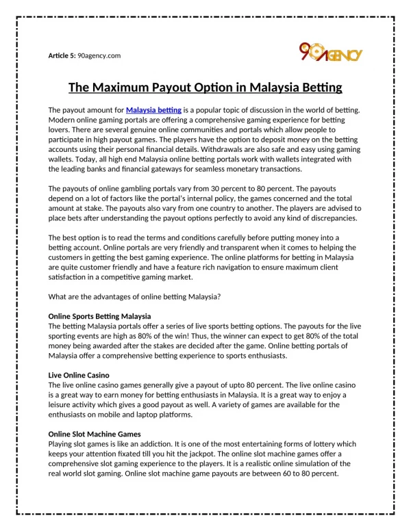 The Maximum Payout Option in Malaysia Betting