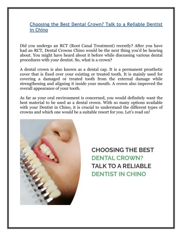 Choosing the Best Dental Crown? Talk to a Reliable Dentist in Chino