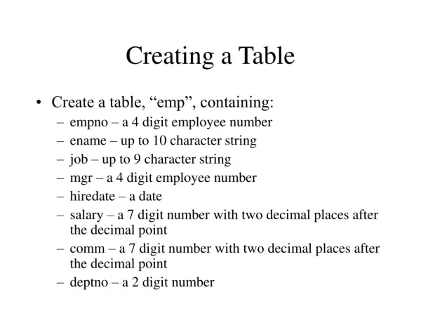 Creating a Table