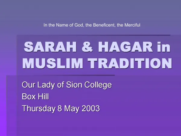 SARAH HAGAR in MUSLIM TRADITION