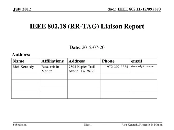 IEEE 802.18 (RR-TAG) Liaison Report