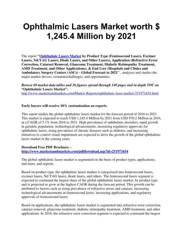 Ophthalmic Lasers Market worth $ 1,245.4 Million by 2021