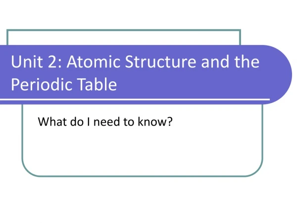 Unit 2: Atomic Structure and the Periodic Table