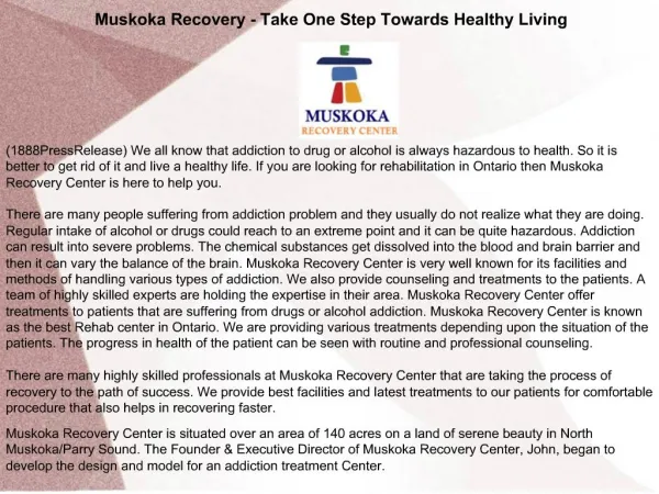 Muskoka Recovery - Take One Step Towards Healthy Living