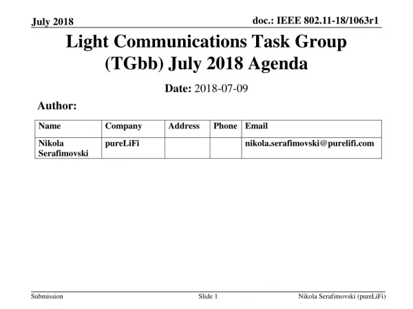 Light Communications Task Group (TGbb) July 2018 Agenda