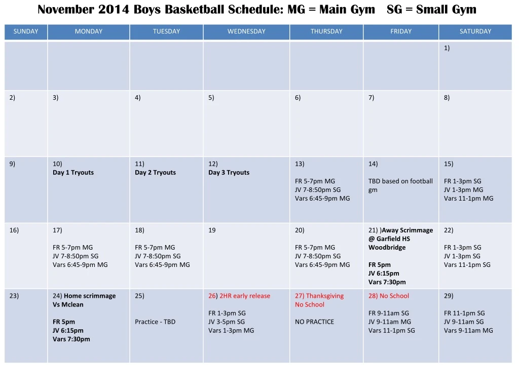 november 2014 boys basketball schedule mg main gym sg small gym