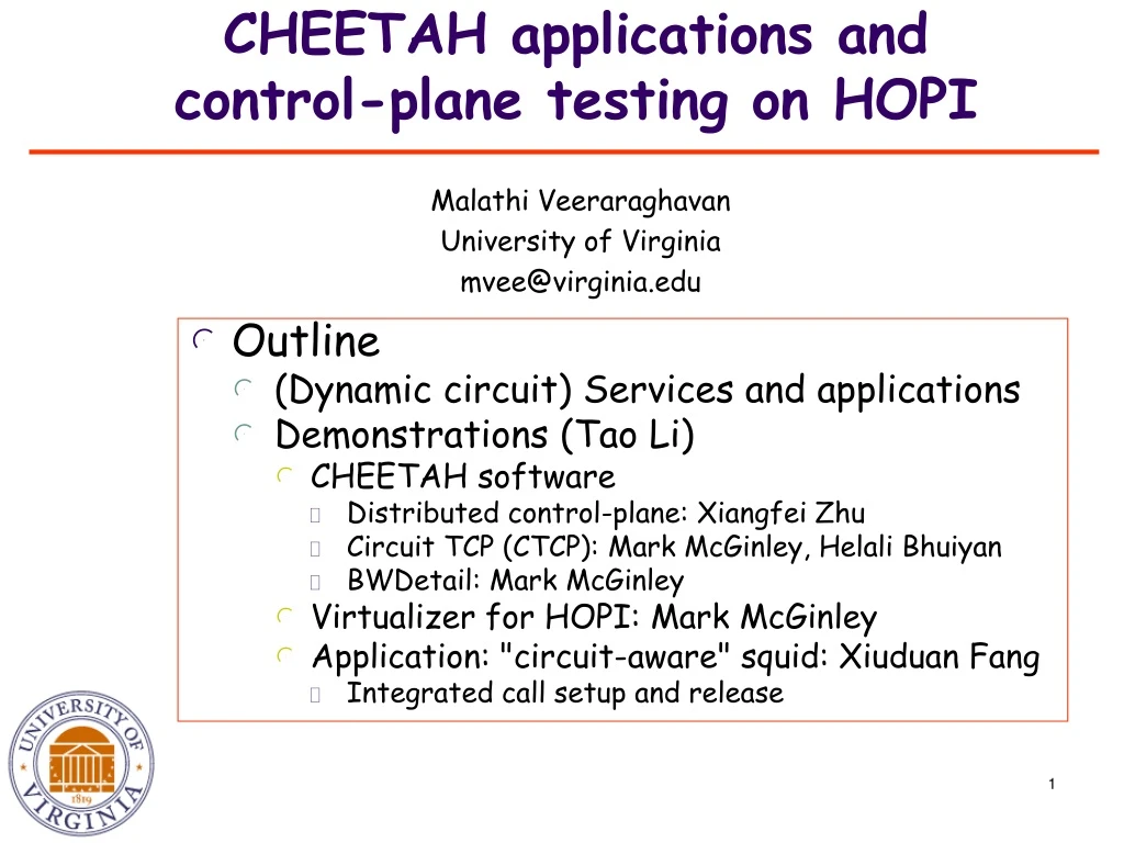 cheetah applications and control plane testing on hopi