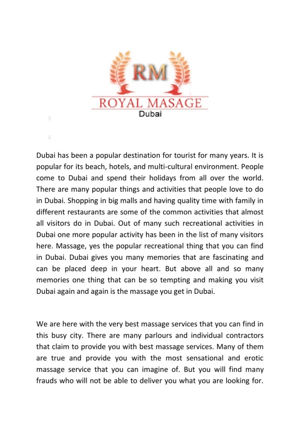 Royal Massage Dubai - Relaxing Body to Body Massage And Spa Dubai