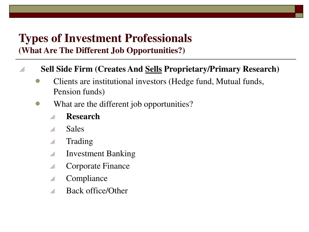 types of investment professionals what are the different job opportunities