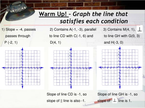 Warm Up! – Graph the line that satisfies each condition