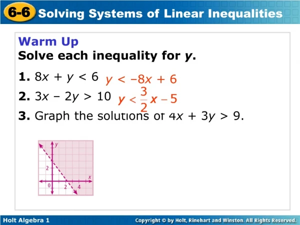Warm Up Solve each inequality for y . 1. 8 x + y &lt; 6 2. 3 x – 2 y &gt; 10