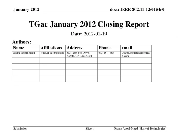 TGac January 2012 Closing Report
