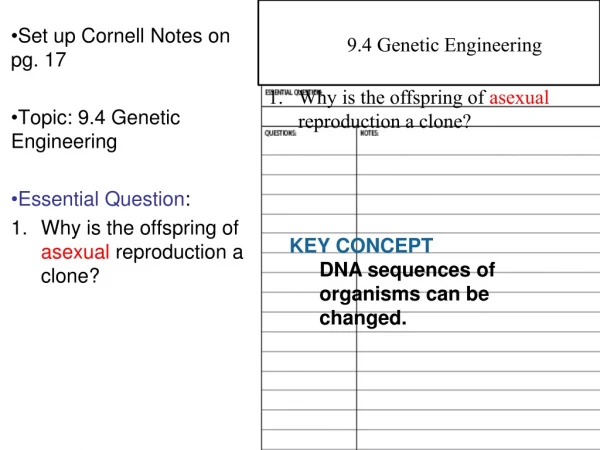 Set up Cornell Notes on pg. 17 Topic: 9.4 Genetic Engineering Essential Question :