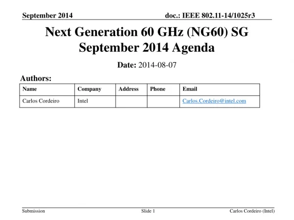 Next Generation 60 GHz (NG60) SG September 2014 Agenda
