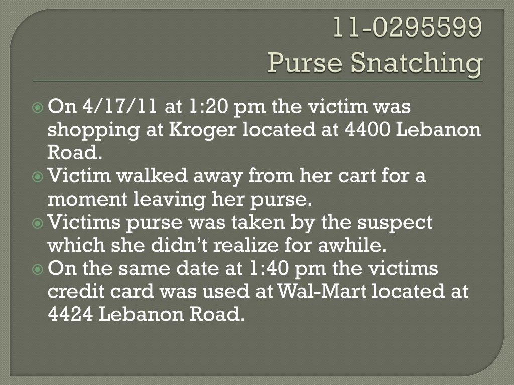 11 0295599 purse snatching