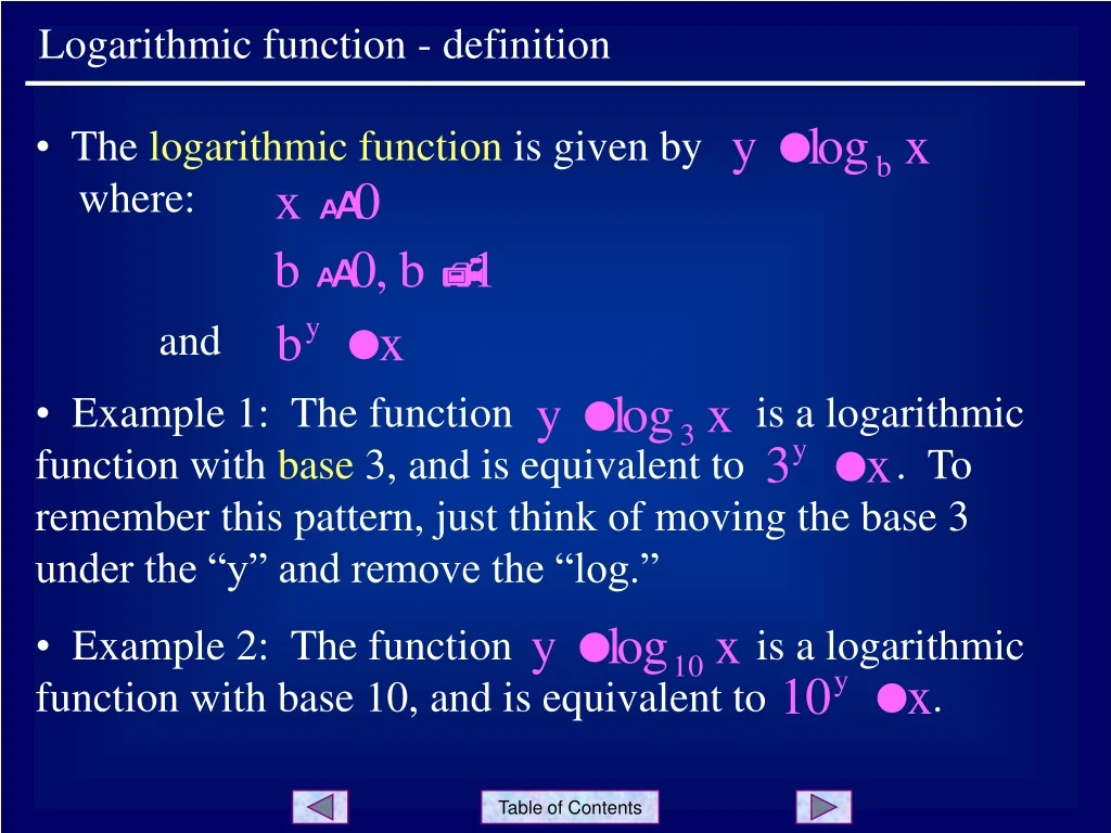 the logarithmic function is given by where