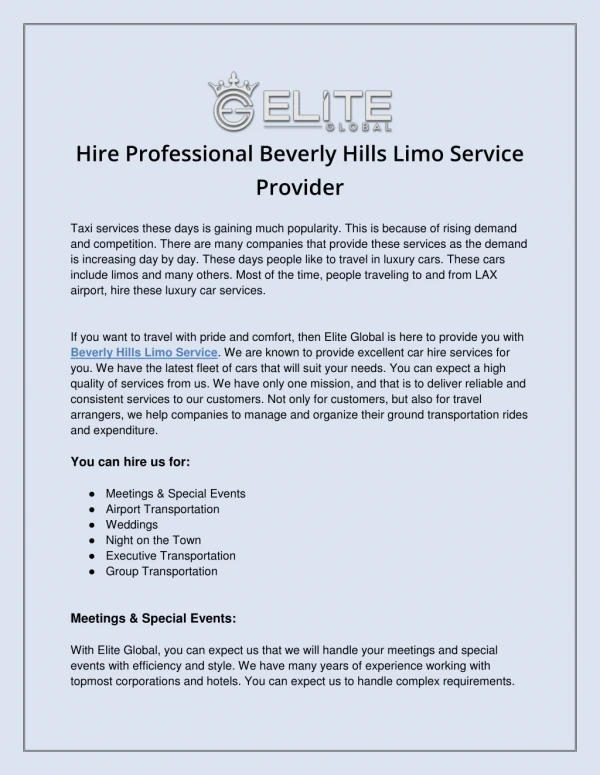 Hire Professional Beverly Hills Limo Service Provider