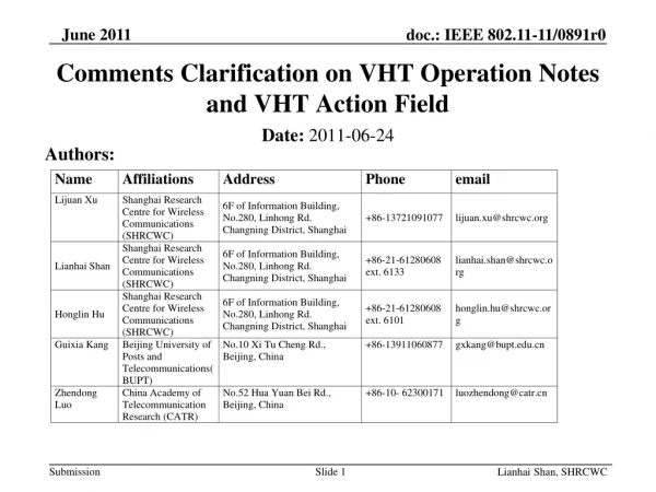 Comments Clarification on VHT Operation Notes and VHT Action Field