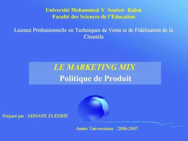 Universit Mohammed V -Souissi- Rabat Facult des Sciences de l ducation Licence Professionnelle en Techniques de Vent