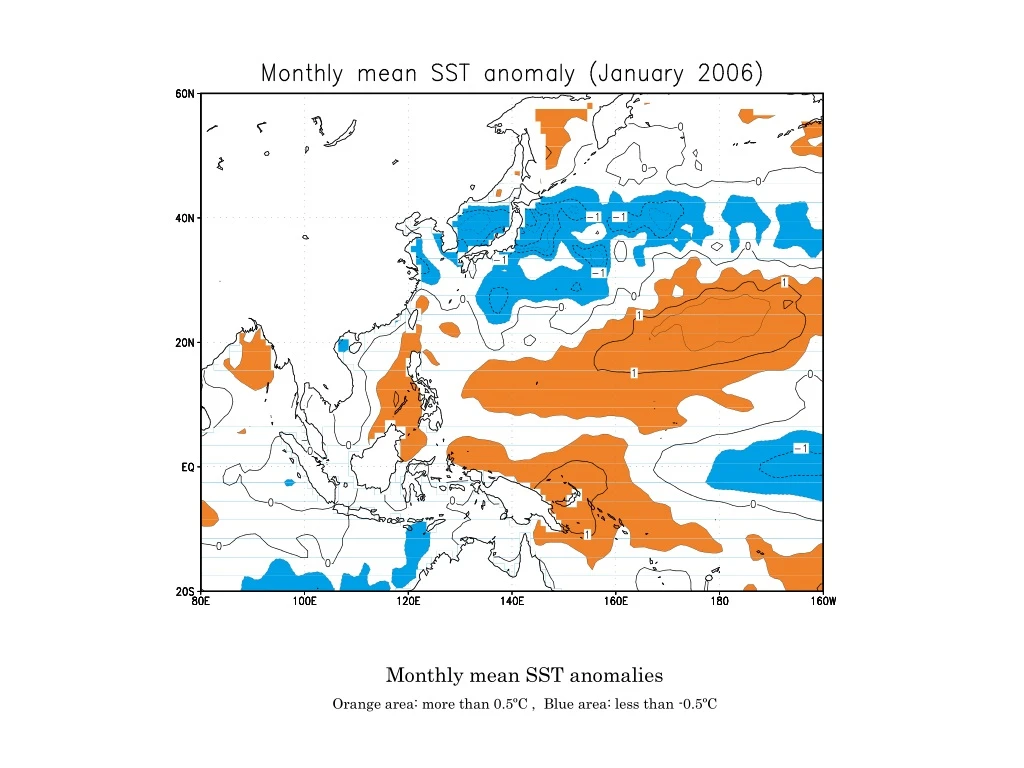 monthly mean sst anomalies orange area more than