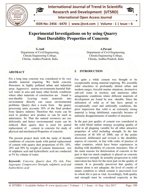 Experimental Investigations on by using Quarry Dust Durability Properties of Concrete