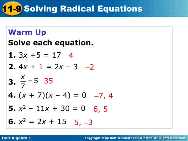 Warm Up Solve each equation. 1. 3 x +5 = 17 2. 4 x + 1 = 2 x – 3 3.