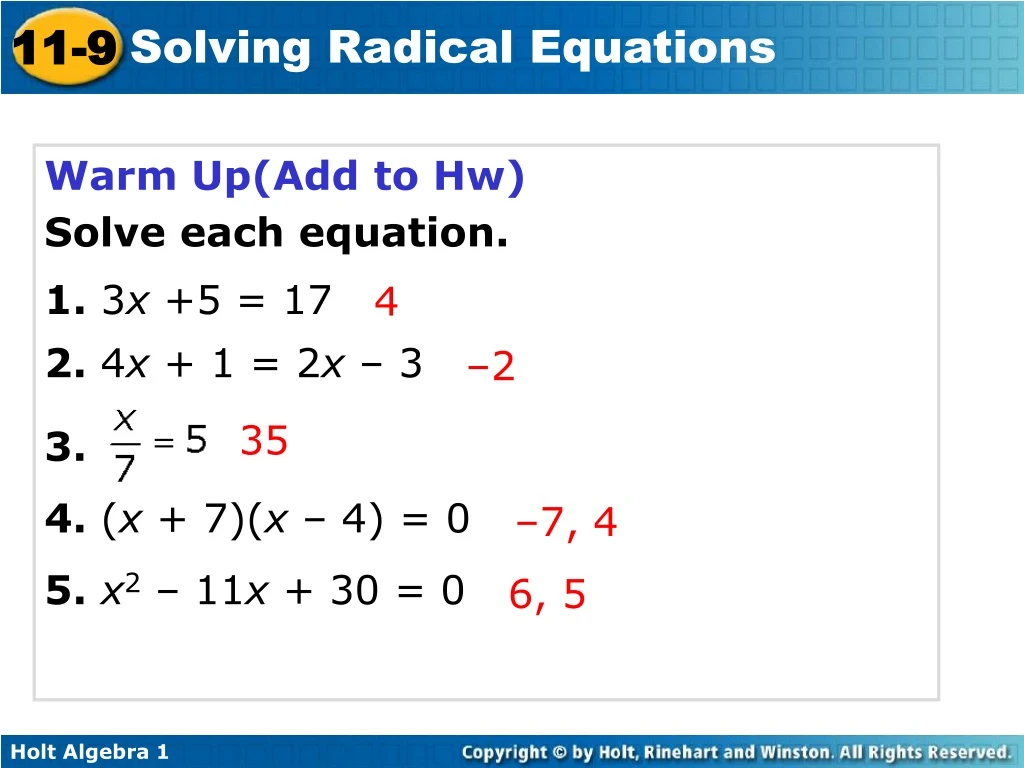warm up add to hw solve each equation