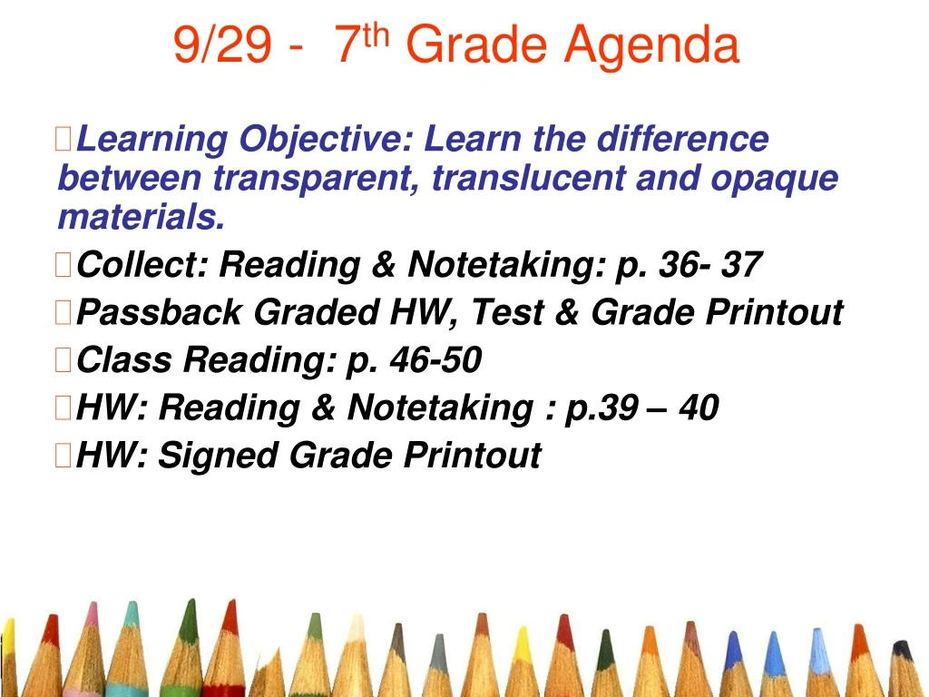 9 29 7 th grade agenda