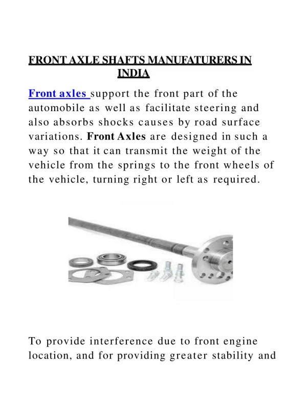 FRONT AXLE SHAFTS MANUFATURERS IN INDIA